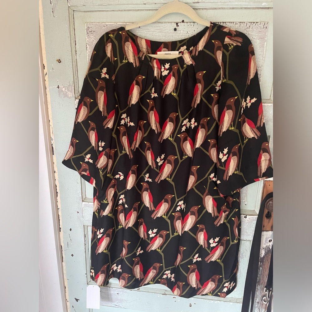 Fossil large a-line dress silky black w bird print